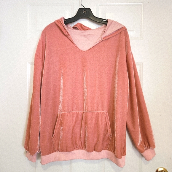 unbranded Sweaters - Women's Pink Velour Hoodie V-neck Soft Cozy Cabincore Peachy-Pink Size L
